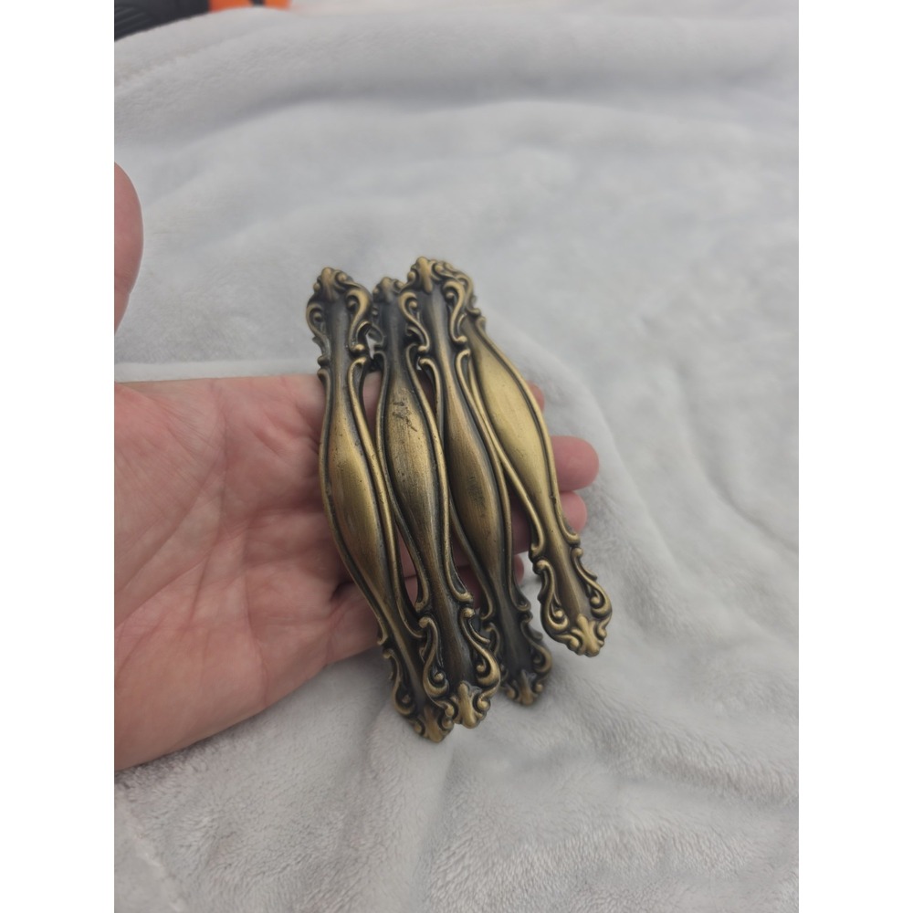 4-Vtg Brass Amerock Cabinet Drawer Pulls 644-1, 5" 3" C Salvaged, & Mixed Screws